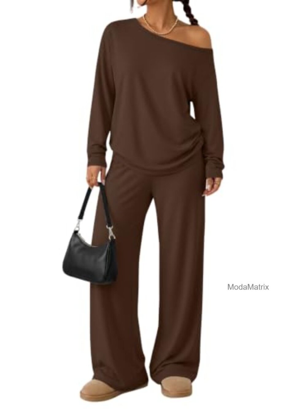 2 Piece Lounge Set Off Shoulder Top Wide Leg Pants Rayon Spandex